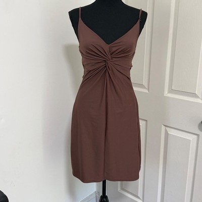 Y2K Mini Dress Women XS Brown Twist Front Bodycon Clubwear Date Night Minimalist