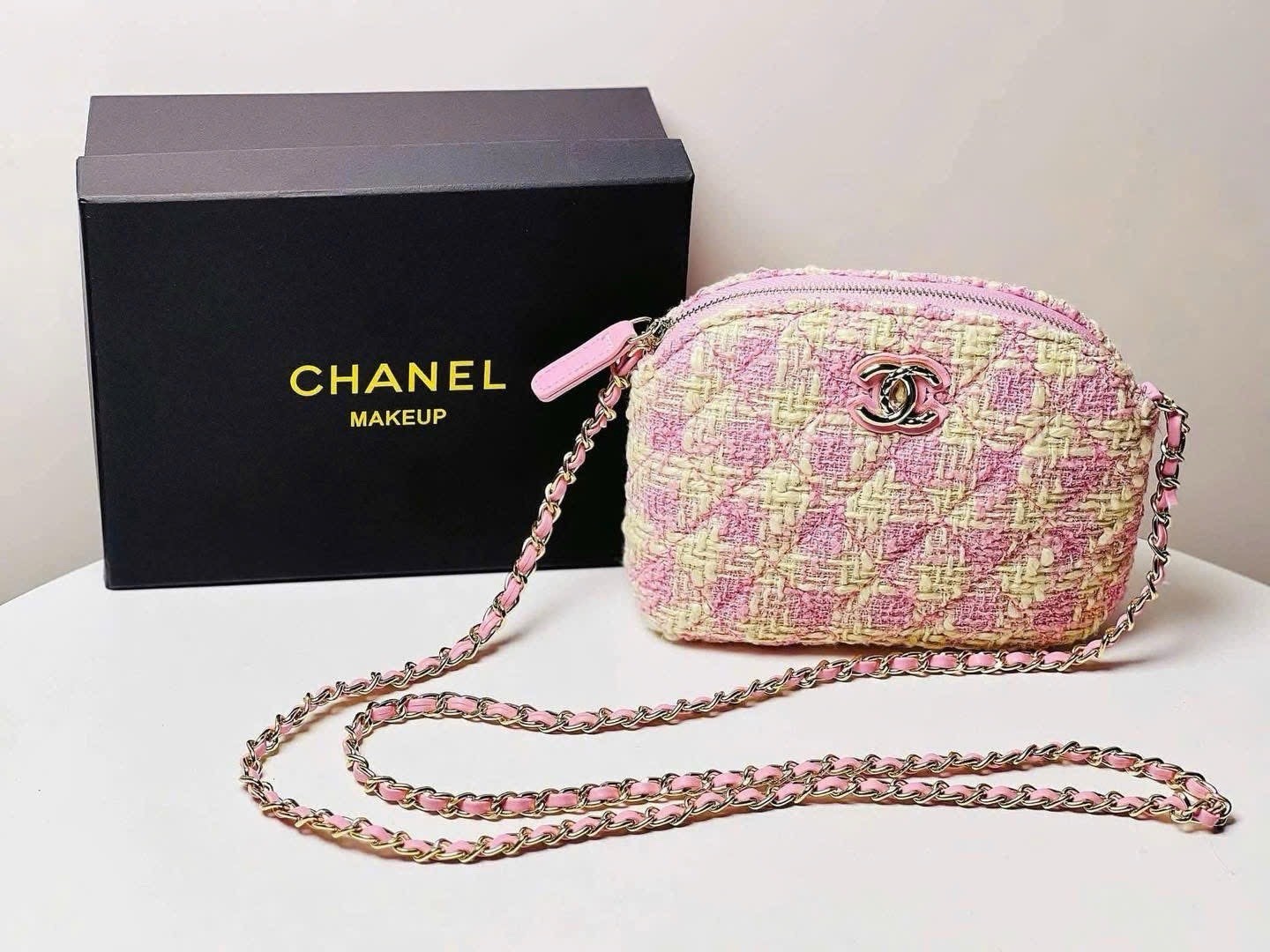 Bolso de cadena de tweed rosa para mujer mini bandolera con carcasa de hombro