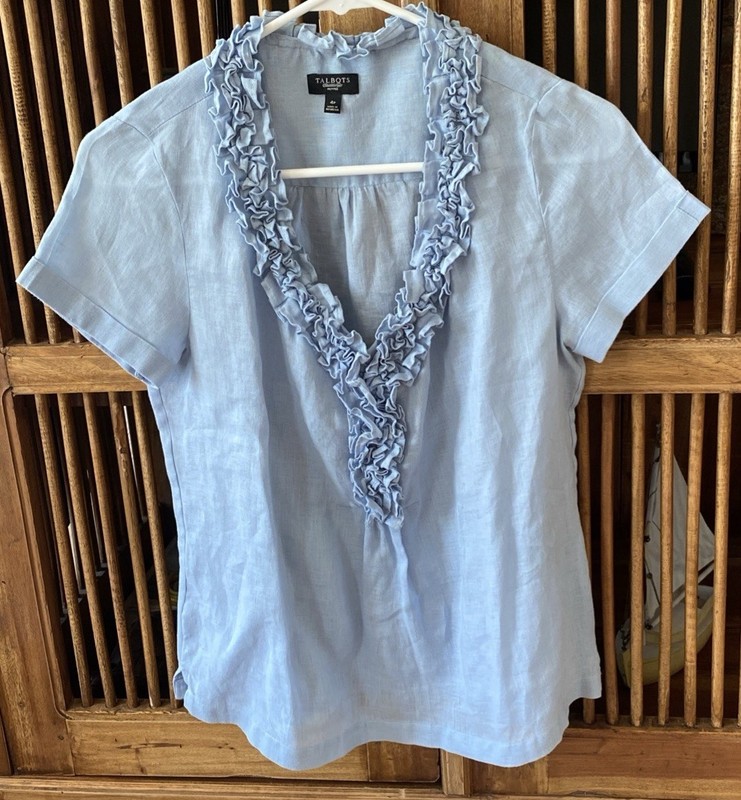 TALBOTS 100% Linen Blue Blouse Women’s Short Sleeve Ruffled V Neckline Classy 4p