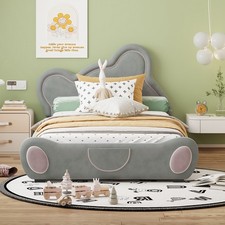 Twin Size Velvet Platform Bed with Bear-Shaped Headboard, with Bed-End Storage P