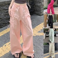 Ladies Wide Leg Cargo Pants High Waist Ruched Bowknot Baggy Trousers Streetwear
