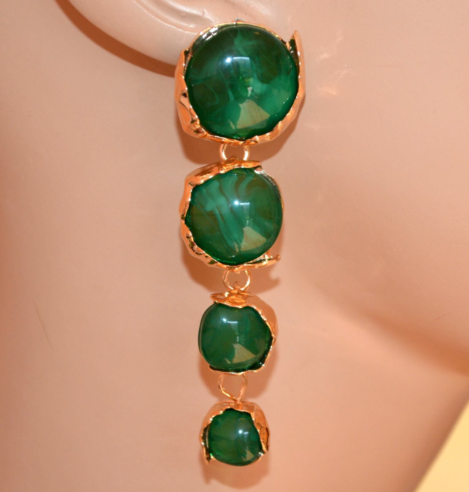 Ohrringe Frau Damen Gold Grün Steine ​​mit Venen Lange Chandelier Earrings NW1