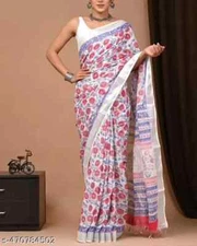 New Linen Cotton Sari With Unstitched Blouse Piece Party Wedding Wear For Women
