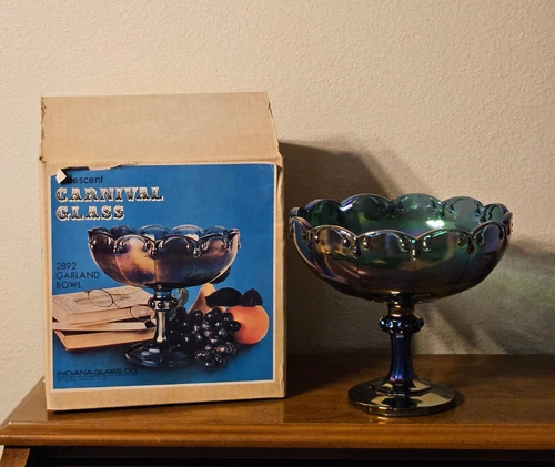 Indiana Carnival Glass Iridescent Blue Garland Bowl(2892) 8.5"D ORIGINAL BOX