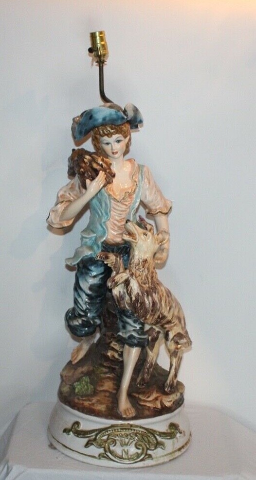 LARGE Antique Capodimonte Figural Table Lamp Boy Dog Porcelain