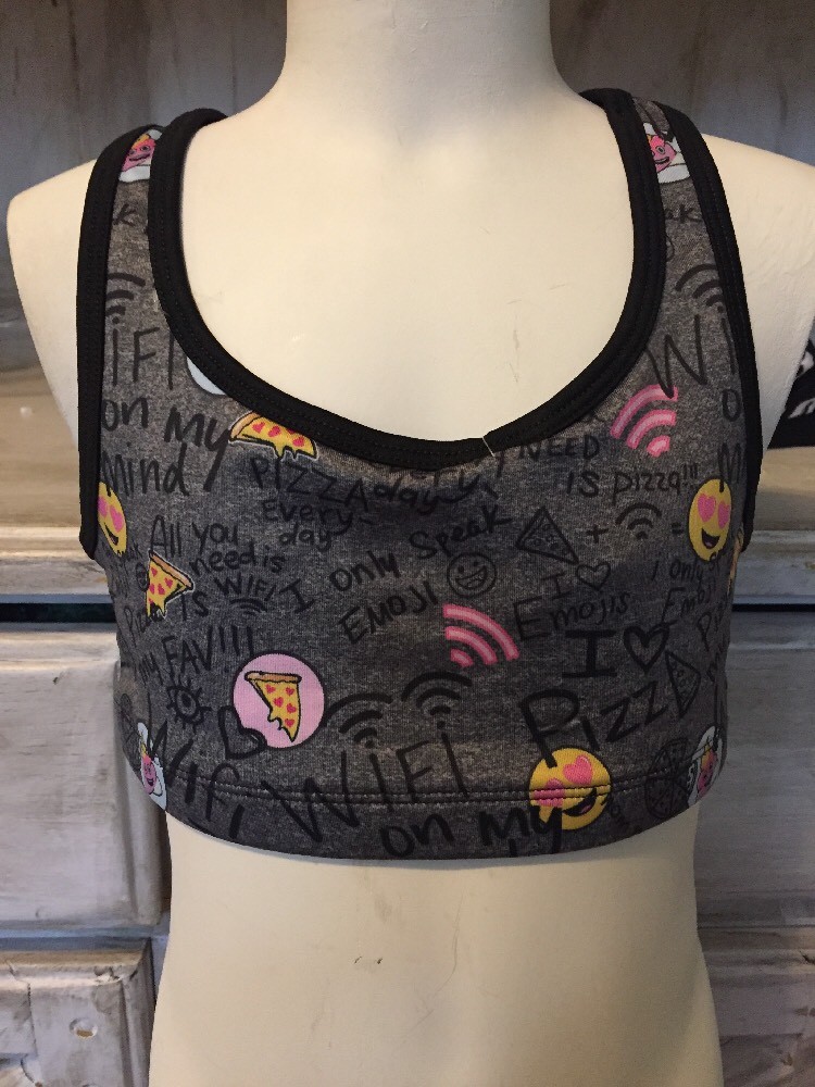 NWOT JUSTICE GIRL'S EMOJI Love PIZZA WIFI Sports Bra in GREY Sz 26 or Sz 7