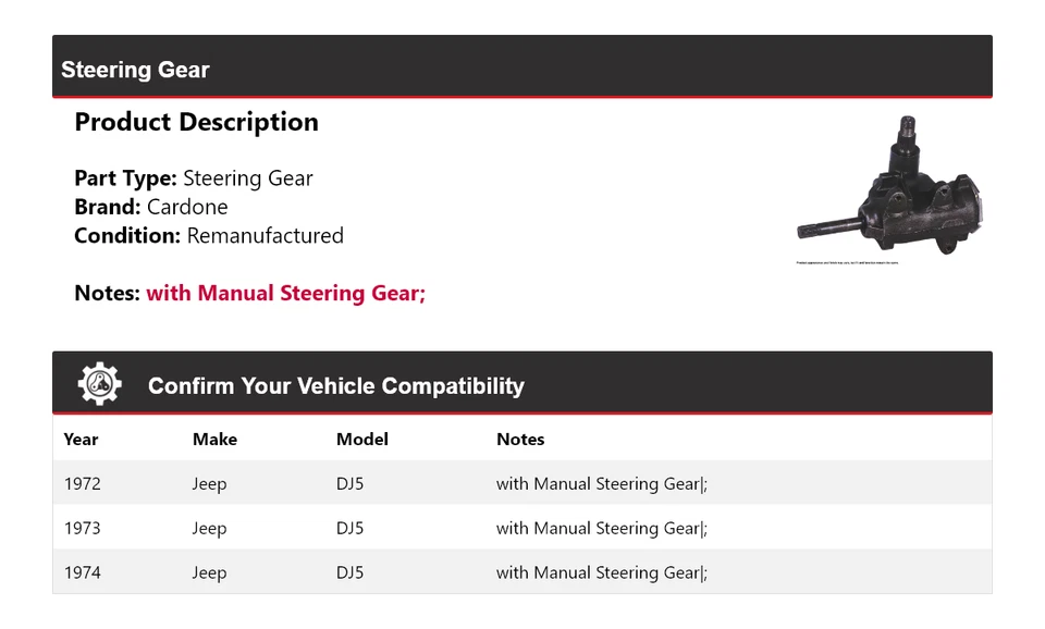 Engrenagem de direção Cardone 1973 Jeep DJ5 1972-1974 - Imagem 2 de 4