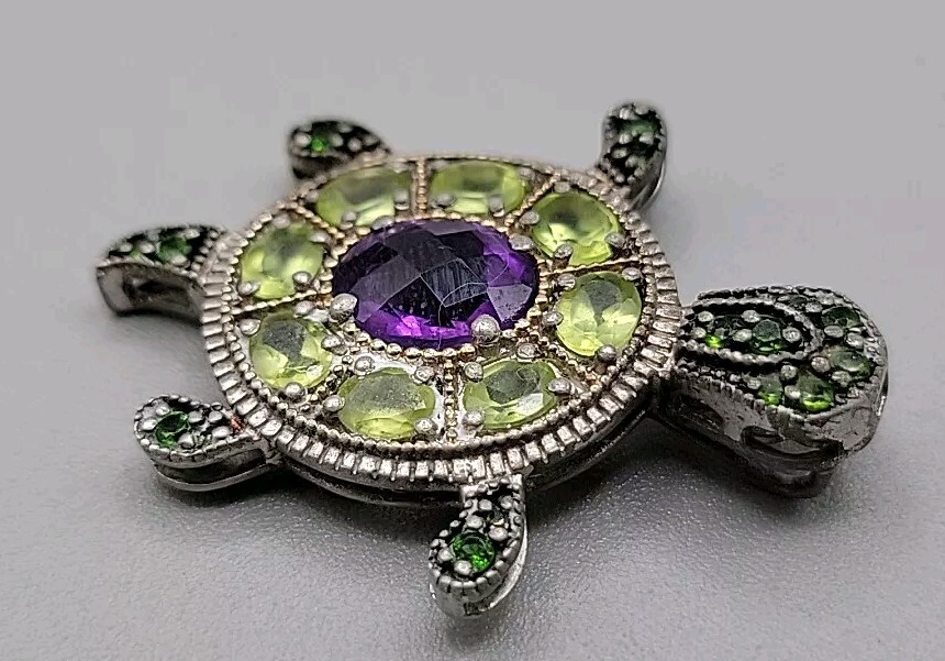 Amethyst Peridot & Sterling Silver Turtle Pendant… - image 2