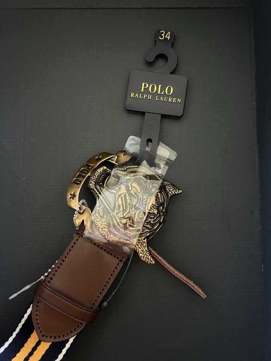 Polo Ralph Lauren Striped Tiger-Buckle Belt Navy Yellow RRL Polo Ralph Lauren Striped Tiger-Buckle Belt Navy Yellow RRL