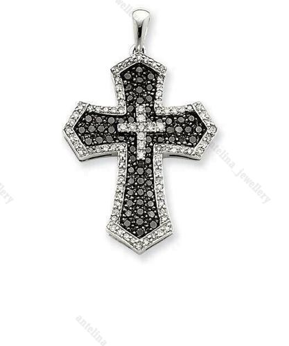 Men's Cross Pendant 2.50 Ct Round Cut Simulated Black Diamond White Gold Plated - Picture 2 of 4