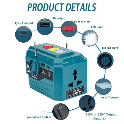 200W Portable Power Inverter for Makita 18V Battery To AC 120V 220V with Light - Picture 8 of 10