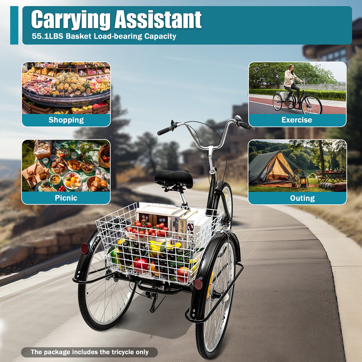 24 Inch Adult Tricycle Trike Bike 8-Speeds 3-Wheel Bicycle W