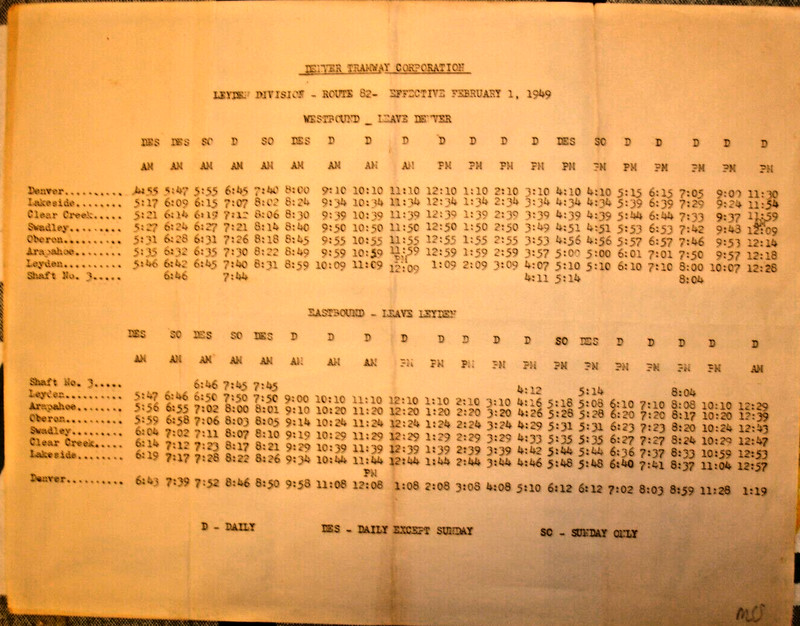 DENVER TRAMWAY CORP LEYDEN DIV-RT 82 E & W-BOUND SCHED FEB 1 1949/8 1/2 X 11"