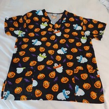 Halloween Scrubs Size S White Swan Pumpkins Ghosts Bats BOO