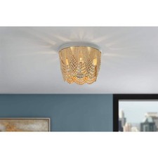 Harlan 15 in. 3-Light Brushed Grey Flush Mount with Natural Real Wood Beads