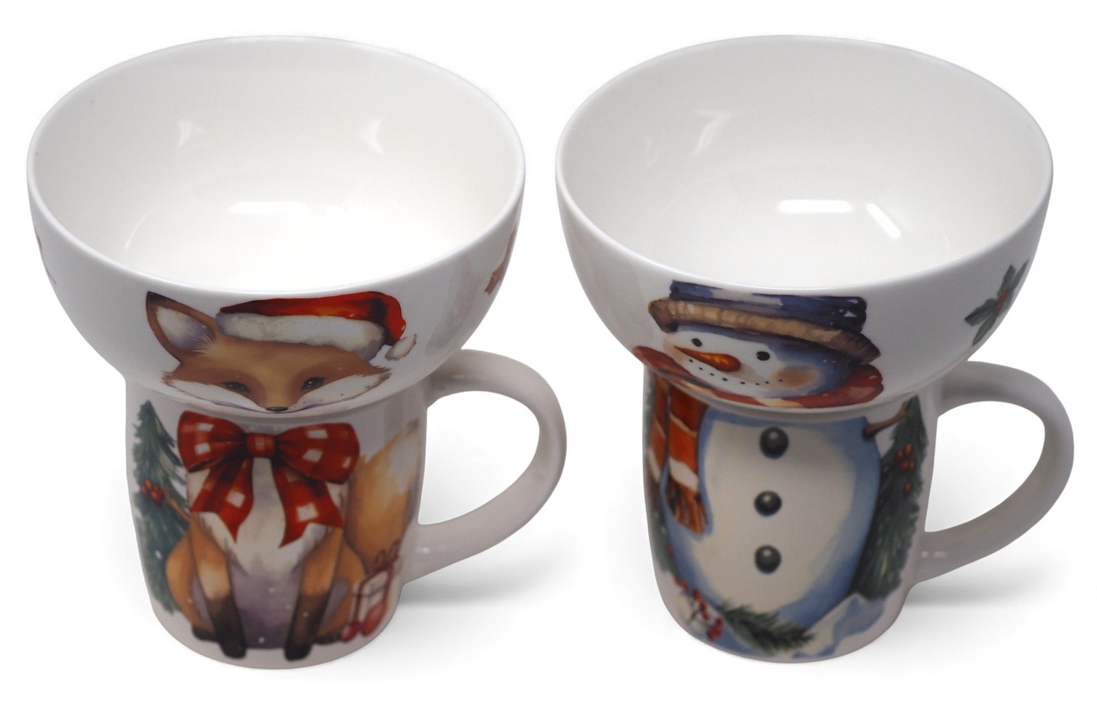 Christmas Snowman And Fox Stacking Ceramic Bowl and Mug Set - 4 Piece Set