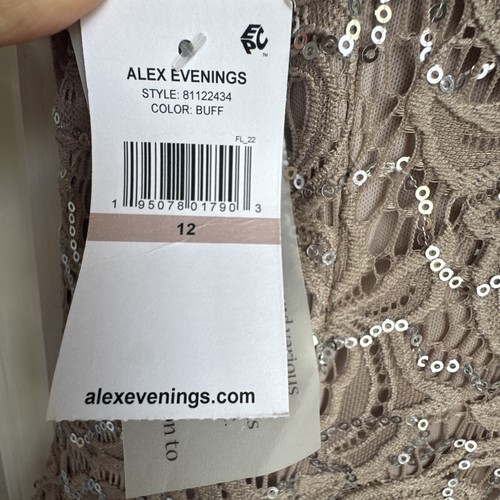 Alex Evenings Buff Lace Sequin Maxi Gown Dress Ruched Ruffle Side Slit Size 12 - Picture 7 of 9