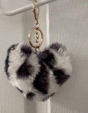 Leopard Print Faux Fur Heart Bag Charm Keychain Black White Spots