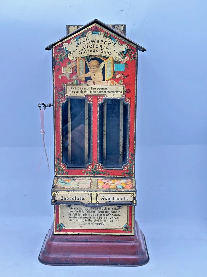 Stollwerck “Victoria” money box German Tin Litho Candy Dispenser very rare - Image 3 of 4