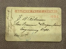 1892 Southern Pacific Co. Employee Pass to J.B. Robinson