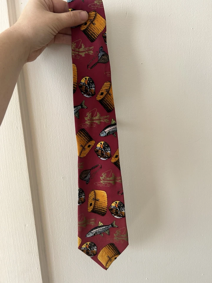 Corbata vintage para hombre con estampado de pesca con mosca Lillian Vernon 100 % seda granate estilo retro Foto 4 de 4