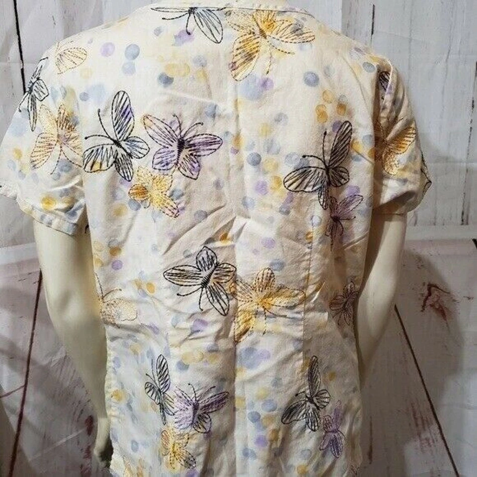 Cherokee Scrub Top Womens Medium Butterfly Print Short Sleeve Medical Wear - Image 2 of 4
