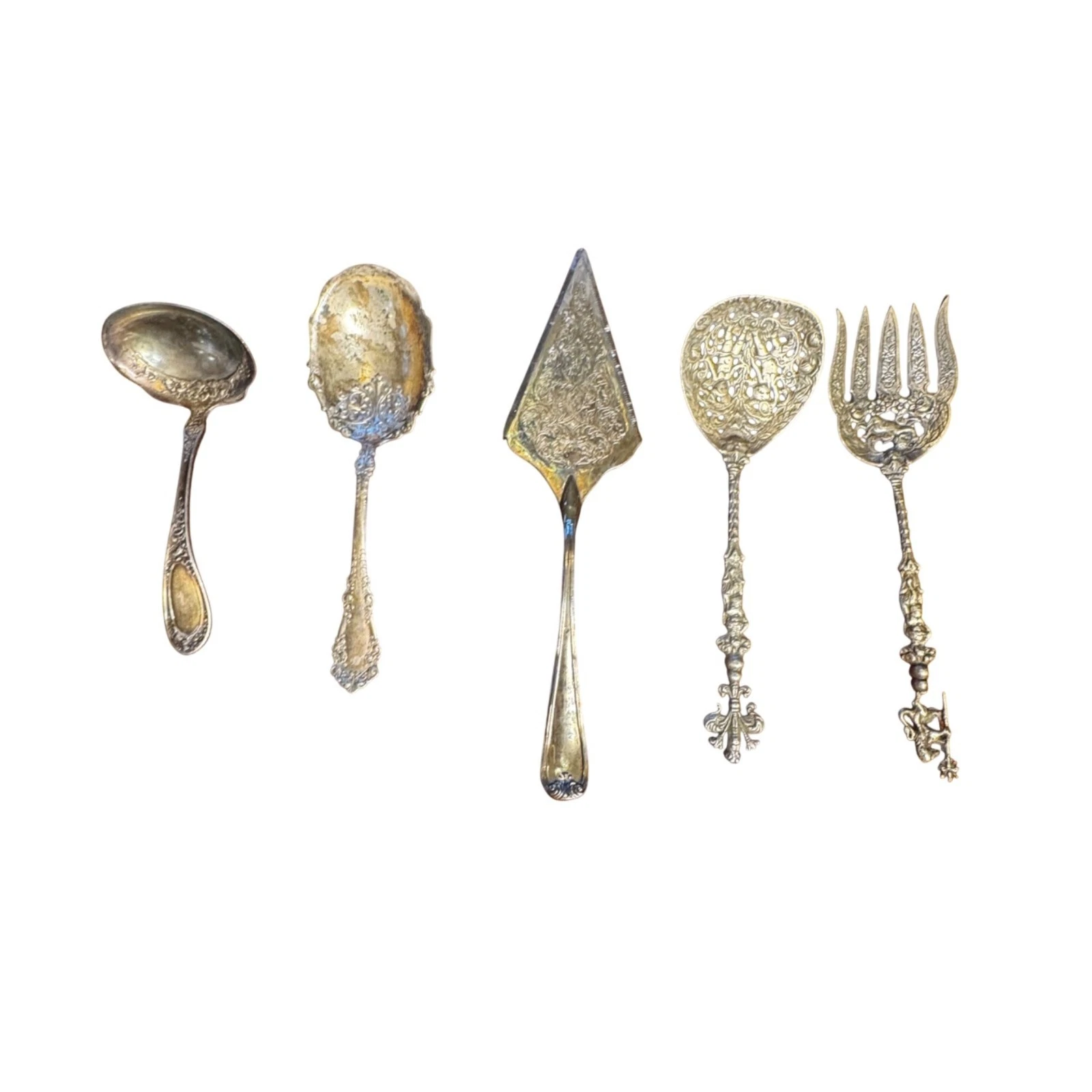 Vintage Ornate Silverplate Serving Utensils Lot Of 5 Intricate Design Pre-Owned