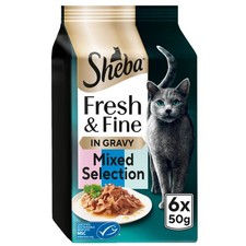 Image of 48 x 50g Sheba Fresh & Fine Cat Food Pouches Salmon & Tuna & Whitefish in Gravy