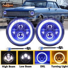 2x Fit Chevrolet Nova 1969-79 7 Round Led Headlights Hi-lo Beam Blue Halo Drl 2x Fit Chevrolet Nova 1969-79 7 Round Led Headlights Hi-lo Beam Blue Halo Drl