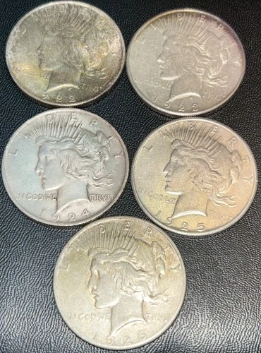Peace Dollar $1 Coins Lot 1922-23S-24-25-26S 90% Silver 3.9 Oz Total Silver VF+