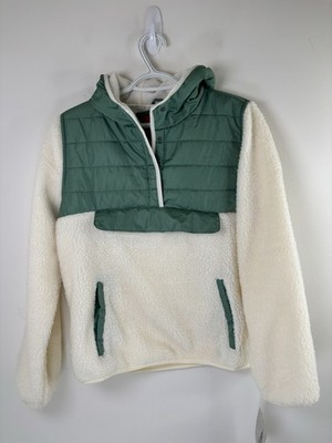 London Fog Puffer-Panel Sherpa Green/Cream Hooded Pullover GIRLS Large 14-16