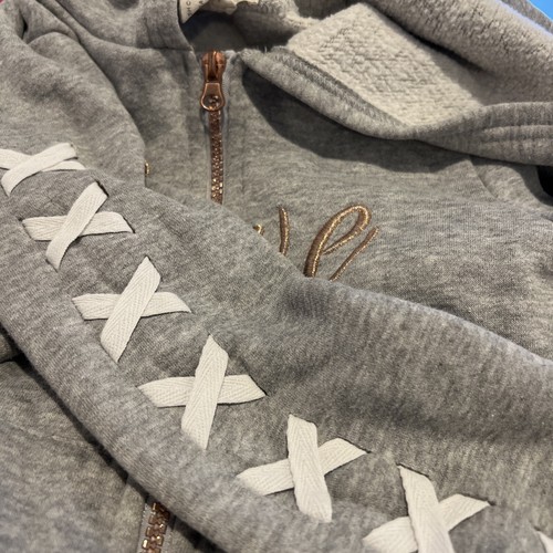 Emma & Elsa Girls 6 Gray jacket rose gold zip Love sweatshirt kangaroos pocket - Picture 5 of 12