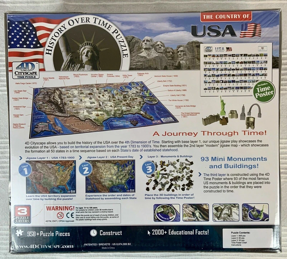Rompecabezas de paisaje urbano 4D - Rompecabezas de historia a lo largo del tiempo de EE. UU. - 3 capas - 950 piezas NUEVO Foto 2 de 4