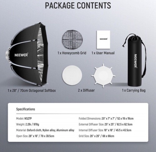NEEWER NS70P 28"/70cm Quick Release Octagonal Softbox with Bowens Mount & Grid - Picture 3 of 4
