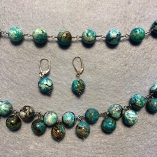 Nice Turquoise Brown Cream Colored Beads Silver Necklace Bracelet Earrings Set