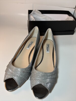 Nina New York Womens 10 Glitter Metallic Silver Open Toe Heels  Rowan  With Box