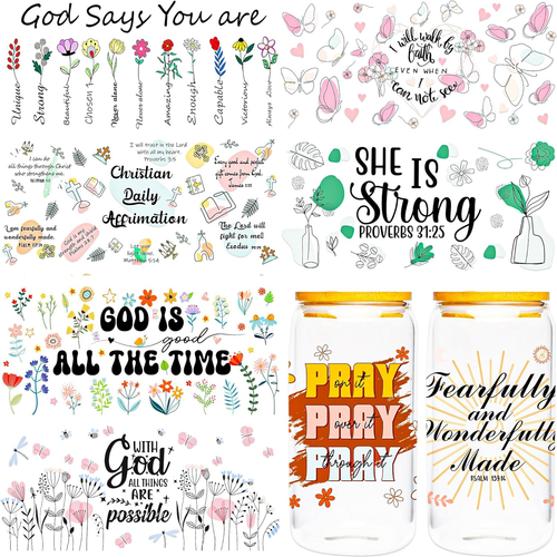 UV DTF Cup Wrap 16 OZ - 8 Sheets Bible Flower Theme UV Transfers for Glass, Bibl