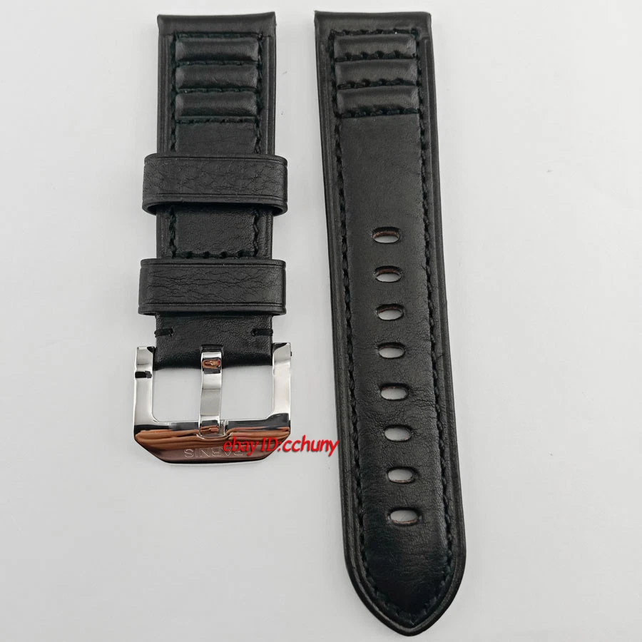 Correa de reloj Parnis 24 mm hecha a mano cuero negro suave hebillas de pulido P782 Foto 3 de 4