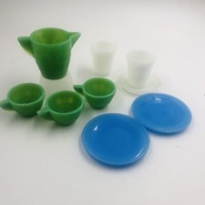 AKRO AGATE Art Deco inspired jadeite toy teaset/tumblers lot of 9 
