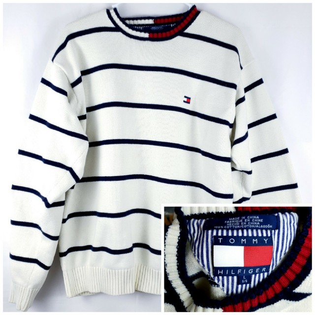 Vintage Tommy Hilfiger Sweater Pullover Crewneck Ribbed Men L White Tommy Colors | eBay