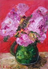 Original Oil Painting Peonies Floral Impasto Still Life in Vase Flowers Art 5x7"