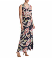 Nine West Black-Multi Floral Faux Wrap Side Slit Chiffon Maxi Dress - $119