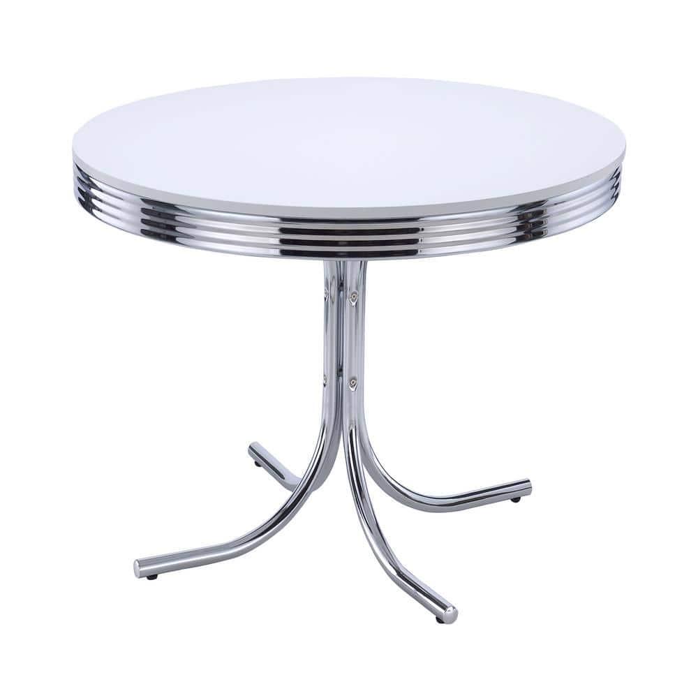 Coaster 42 Inch Round Pedestal Dining Table with Wood Top in White and Chrome