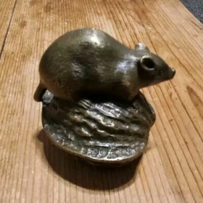 Antique Brassmouse Sitting On A Walnut Statue Handmade Lucky Fongshui Zodiac .