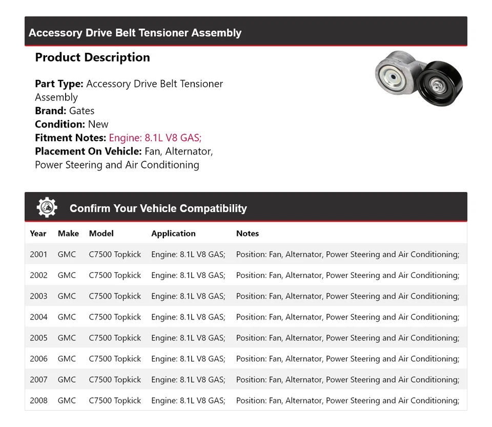 Para GMC C7500 2001-2008 Topkick Accesorio Correa de transmisión Tensor Conjunto Puertas Foto 2 de 4