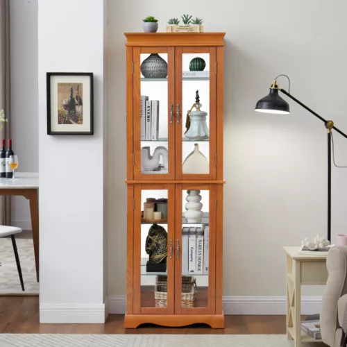 70"H Lighted Curio Cabinet Wooden Display Cabinet,Vintage Accent Storage Cabinet - Picture 3 of 39
