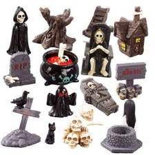 19pcs Halloween Mini Figurines Creative Miniature Skull Heads Crow Tombstone A