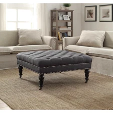 Ottoman Chair Square Nailhead Accents Tufted Charcoal Top Linon Home Decor NEW