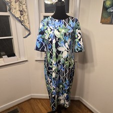 Vince Camuto Size 16 Floral Print Scuba Short Sleeve Midi Dress Blue Colorful