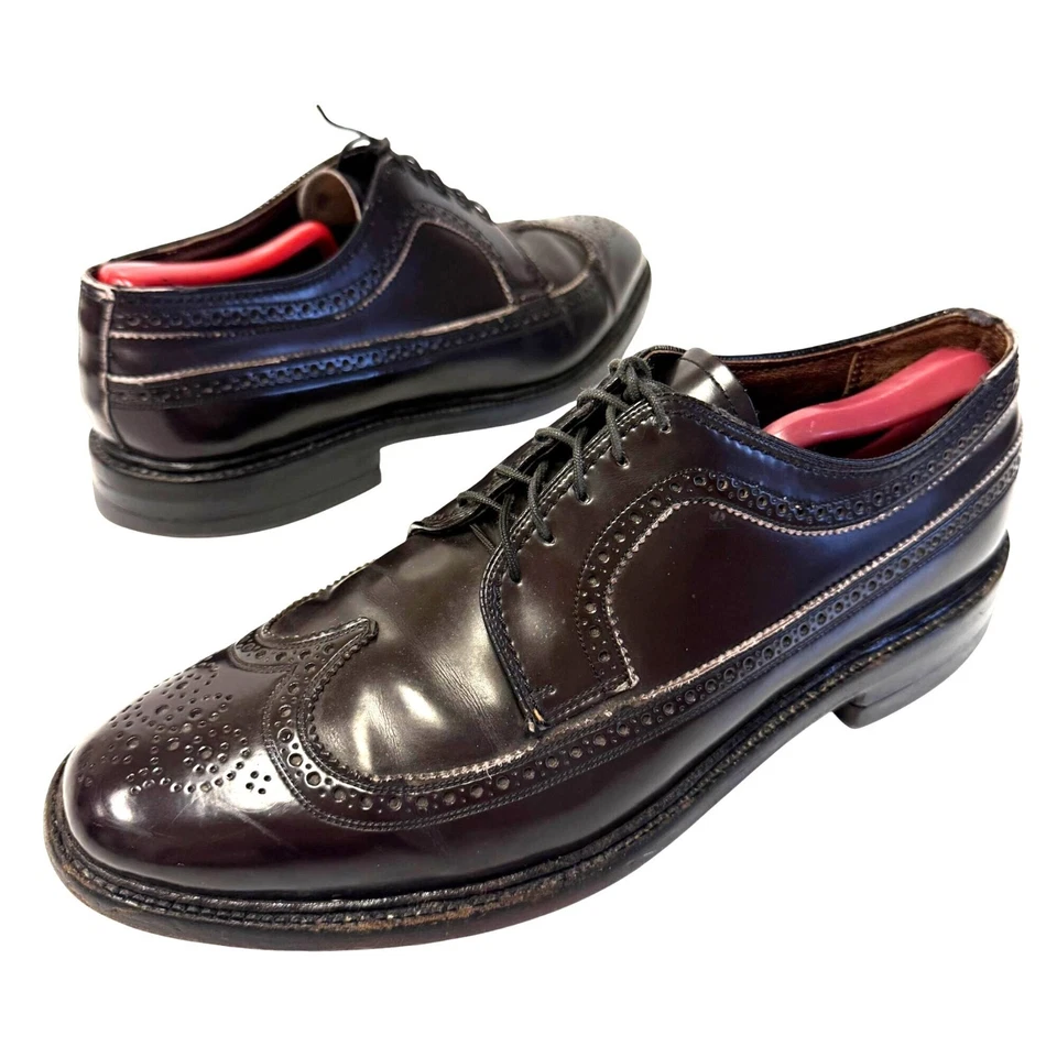 Zapatos de vestir Oxford de colección años 60 para hombre de cuero marrón oscuro punta de ala larga 9,5 D Foto 2 de 4